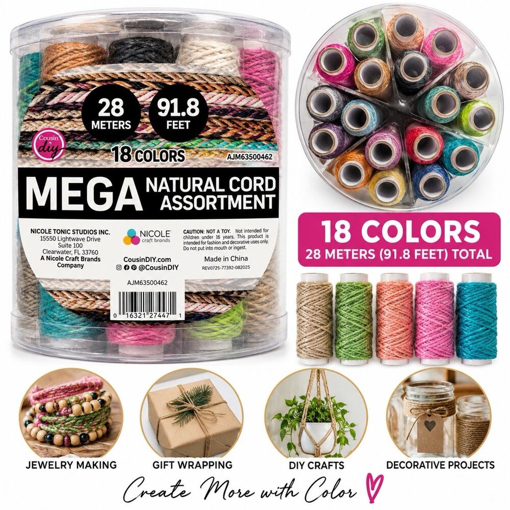 Cousin DIY Mega Natural Cord Assortment with 18 Colors, 91.8 ft NEW